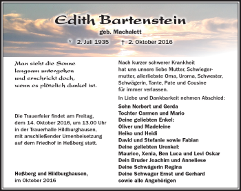 Traueranzeige von Edith Bartenstein von Südthüringer Presse