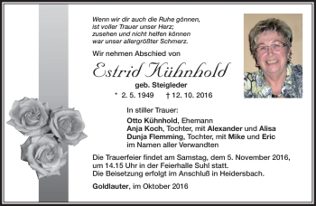 Traueranzeige von Estrid Kühnhold von Südthüringer Presse