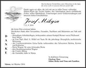 Traueranzeige von Josef Mikysa von Südthüringer Presse