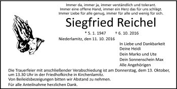 Traueranzeige von Siegfried Reichel von Frankenpost