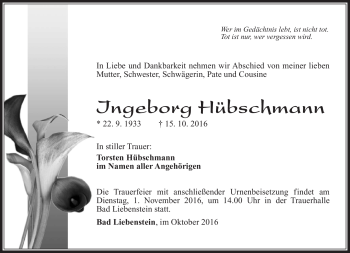 Traueranzeige von Ingeborg Hübschmann von Südthüringer Presse