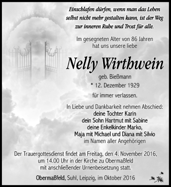 Traueranzeige von Nelly Wirthwein von Südthüringer Presse