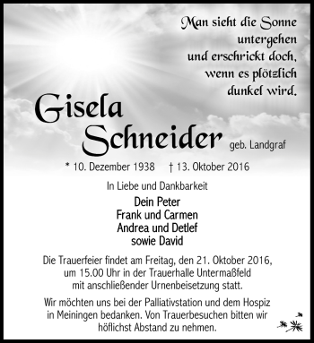 Traueranzeige von Gisela Schneider von Südthüringer Presse