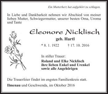 Traueranzeige von Eleonore Nicklisch von Südthüringer Presse