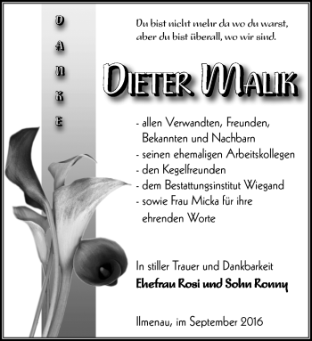 Traueranzeige von Dieter Malik von Südthüringer Presse