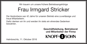 Traueranzeige von Irmgard Stricker von Frankenpost