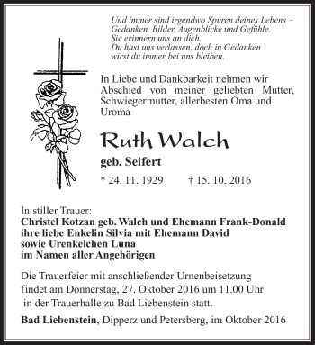 Traueranzeige von Ruth Walch von Südthüringer Presse