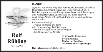 Traueranzeige von Rolf Rühling von Südthüringer Presse