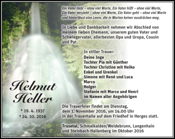 Traueranzeige von Helmut Heller von Südthüringer Presse