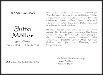 Traueranzeige von Jutta Möller von Südthüringer Presse