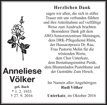 Traueranzeige von Anneliese Völker von Südthüringer Presse