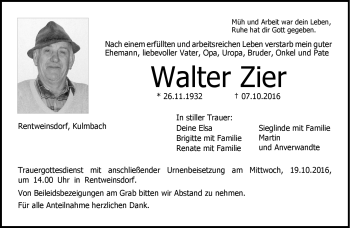Traueranzeige von Walter Zier von Neue Presse Coburg