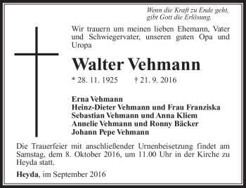 Traueranzeige von Walter Vehman von Südthüringer Presse