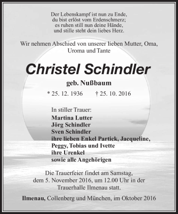Traueranzeige von Christel Schindler von Südthüringer Presse
