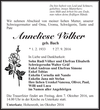 Traueranzeige von Anneliese Völker von Südthüringer Presse