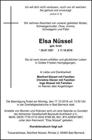 Traueranzeige von Elsa Nüssel von Frankenpost