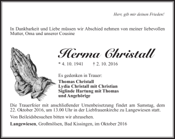 Traueranzeige von Herma Christall von Südthüringer Presse