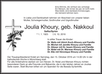 Traueranzeige von Joulia Khoury von Frankenpost