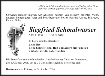 Traueranzeige von Siegfried Schmalwasser von Südthüringer Presse