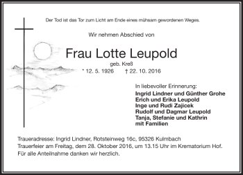 Traueranzeige von Lotte Leupold von Frankenpost