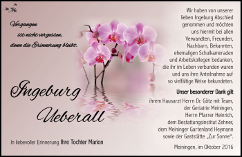 Traueranzeige von Ingeburg Ueberall von Südthüringer Presse