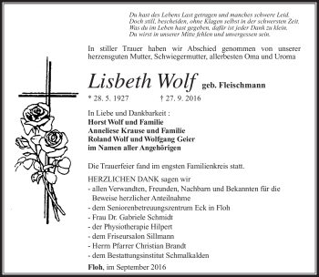 Traueranzeige von Lisbeth Wolf von Südthüringer Presse