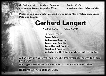 Traueranzeige von Gerhard Langert von Südthüringer Presse