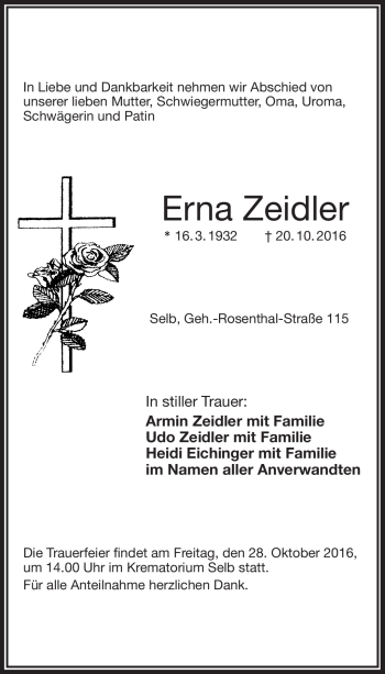 Traueranzeige von Erna Zeidler von Frankenpost