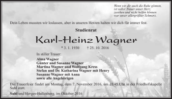Traueranzeige von Karl-Heinz Wagner von Südthüringer Presse