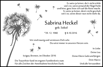 Traueranzeige von Sabrina Heckel von Frankenpost
