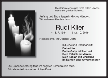 Traueranzeige von Rudi Klier von Frankenpost