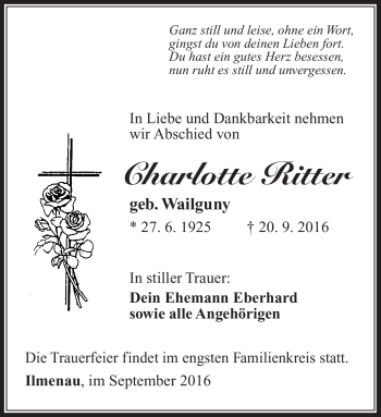 Traueranzeige von Charlotte Ritter von Südthüringer Presse