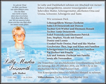 Traueranzeige von Lilly-Marlen Deisenroth von Südthüringer Presse