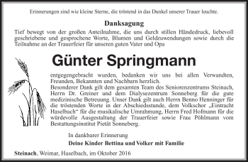 Traueranzeige von Günter Springmann von Südthüringer Presse