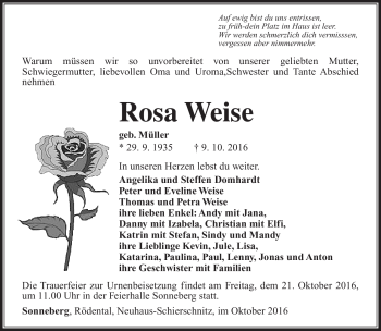 Traueranzeige von Rosa Weise von Südthüringer Presse
