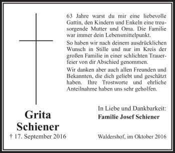 Traueranzeige von Grit Schiener von Frankenpost