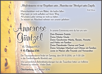 Traueranzeige von Annerose Güntzel von Südthüringer Presse
