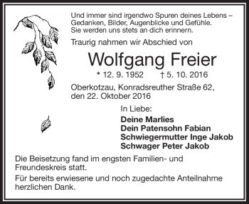 Traueranzeige von Wolfgang Freier von Frankenpost