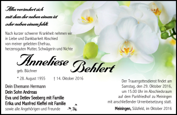 Traueranzeige von Anneliese Behlert von Südthüringer Presse