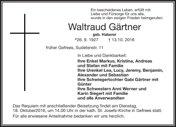 Traueranzeige von Waltraud Gärtner von Frankenpost