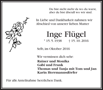 Traueranzeige von Inge Flügel von Frankenpost