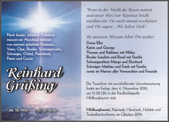 Traueranzeige von Reinhard Grüßing von Südthüringer Presse
