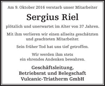 Traueranzeige von Sergius Riel von Südthüringer Presse
