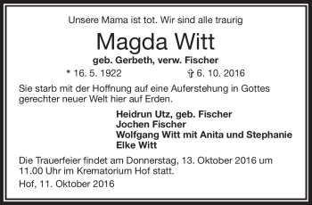 Traueranzeige von Magda Witt von Frankenpost