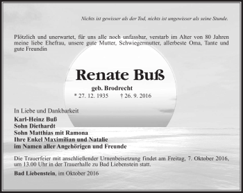 Traueranzeige von Renate Buß von Südthüringer Presse