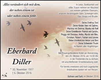 Traueranzeige von Eberhard Diller von Südthüringer Presse