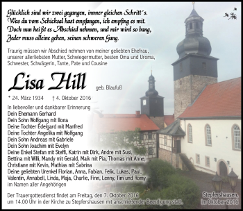 Traueranzeige von Lisa Hill von Südthüringer Presse