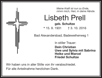 Traueranzeige von Lisbeth Prell von Frankenpost