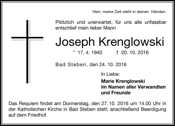 Traueranzeige von Joseph Krenglowski von Frankenpost