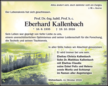 Traueranzeige von Eberhard Kallenbach von Südthüringer Presse